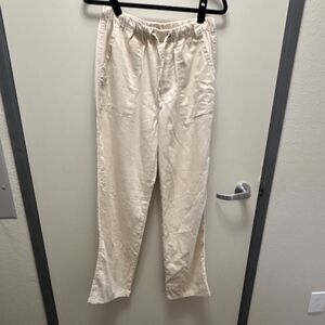 Women's Beige Linen Cotton Pants Drawstring Elastic Waist Pockets Size M